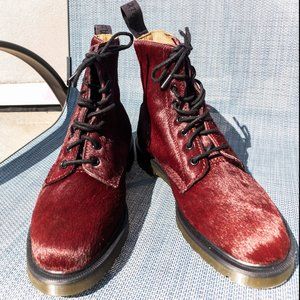 Unique Red Fur Dr. Martens Lace Up Combat Boots